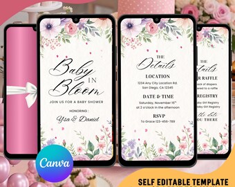 Wildflower Baby Shower Video Invitation: Pink Floral Canva Template (Digital Download)