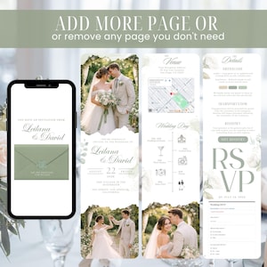 Pu&ograve; includere: Un invito di nozze digitale con una busta verde salvia e un sigillo di cera, e un layout con i dettagli del matrimonio. L'invito include i nomi "Leilana & David", la data, l'ora e il luogo.