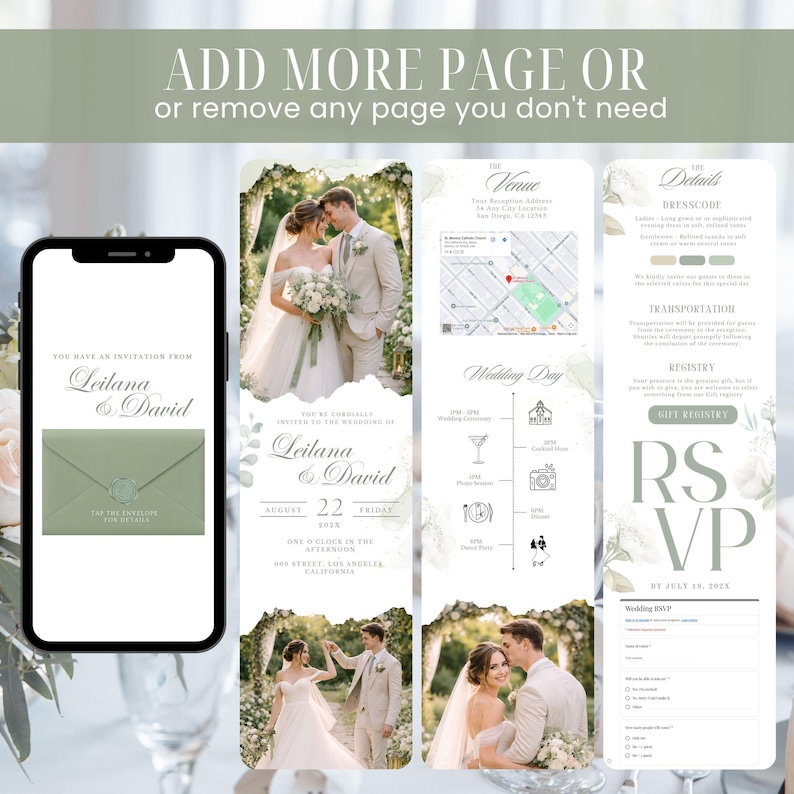 Pu&ograve; includere: Un invito di nozze digitale con una busta verde salvia e un sigillo di cera, e un layout con i dettagli del matrimonio. L'invito include i nomi "Leilana & David", la data, l'ora e il luogo.
