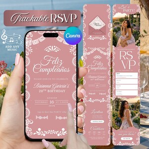 May include: A digital birthday invitation template on a smartphone screen featuring a dusty rose background with white decorative borders, the text Feliz Cumpleaños, Brianna Garcia's 20th Birthday, and event details including date, time, and location.