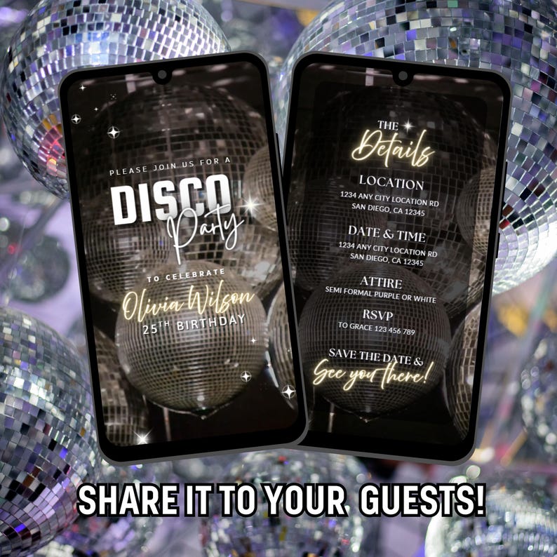 Op de afbeelding: Een digitale uitnodiging voor een discofeest om de 25e verjaardag van Olivia Wilson te vieren. De uitnodiging heeft een zwarte achtergrond met zilveren discoballen en gouden tekst. De details omvatten de locatie, datum en tijd, kleding en RSVP-informatie.