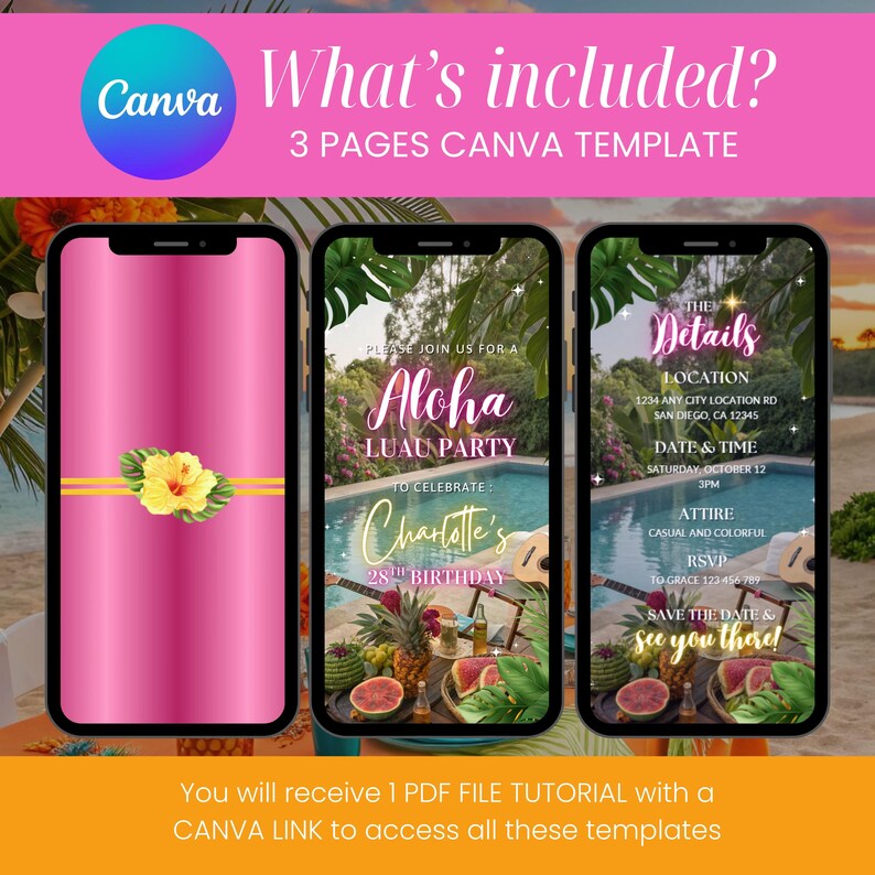 Pink Aloha Luau Animated Invitation, Tropical Birthday Party (digital ...