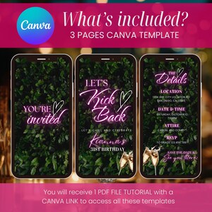 Puede incluir: Tres pantallas de tel&eacute;fono inteligente que muestran plantillas de invitaci&oacute;n a fiestas. Las plantillas presentan texto como &laquo;You're Invited&raquo;, &laquo;Let's Kick Back&raquo; y detalles del evento. El fondo es un dise&ntilde;o de follaje verde con un esquema de color rosa y blanco.