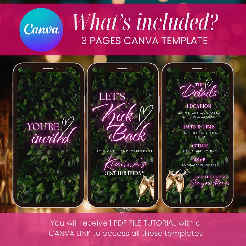 Puede incluir: Tres pantallas de tel&eacute;fono inteligente que muestran plantillas de invitaci&oacute;n a fiestas. Las plantillas presentan texto como &laquo;You're Invited&raquo;, &laquo;Let's Kick Back&raquo; y detalles del evento. El fondo es un dise&ntilde;o de follaje verde con un esquema de color rosa y blanco.