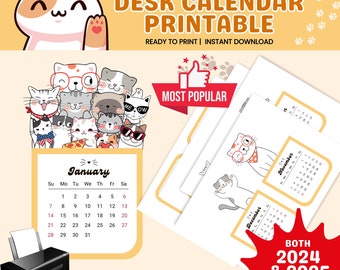 2024 Cat Desk Calendar Printable, Mini Calendar, Printable, Monday and Sunday start, Cat, Kitten, Desk Calendar Template, 2025 Calendar