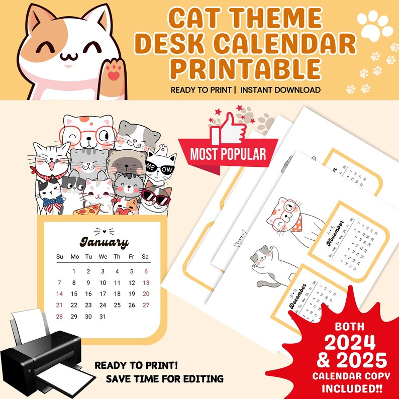 2025 Cat Desk Calendar Printable, Mini Calendar, Printable, Monday and