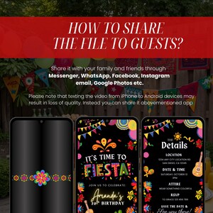 Puede incluir: La imagen muestra tres tel&eacute;fonos inteligentes que muestran una colorida invitaci&oacute;n para una fiesta de cumplea&ntilde;os tem&aacute;tica "Fiesta" de 20 a&ntilde;os. La invitaci&oacute;n incluye detalles como la ubicaci&oacute;n, la fecha, la hora y la informaci&oacute;n de RSVP. El texto en la parte superior explica c&oacute;mo compartir el archivo.