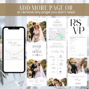 Op de afbeelding: Een digitaal trouwuitnodigingsontwerp met een smartphone die de uitnodigingsdetails weergeeft. Het ontwerp bevat de namen "David & Olivia", evenementdetails en een RSVP-sectie. De uitnodiging is in zwart en wit.