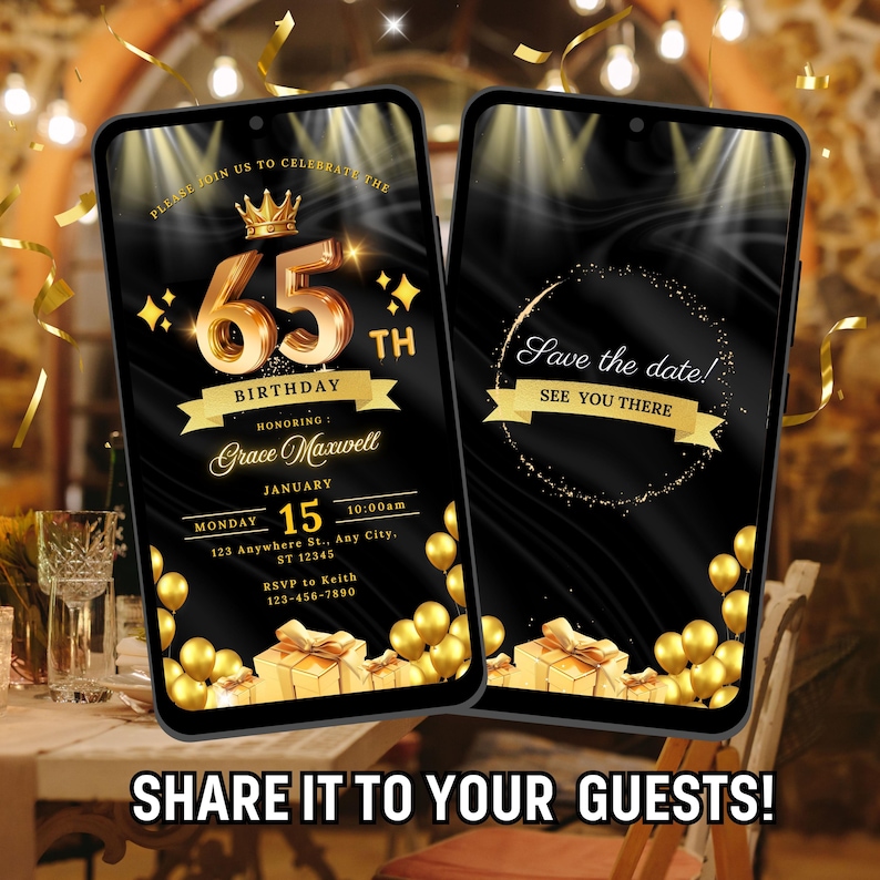 Elegant Black and Gold 65th Birthday Video Invitation (editable Canva ...