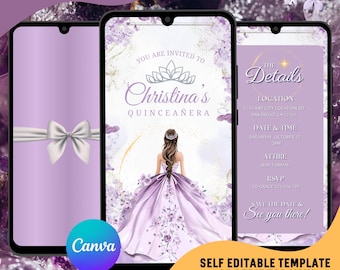 Lilac Quinceañera Video Invitation, Sweet 15 Quince Party Evites : Editable Canva Template