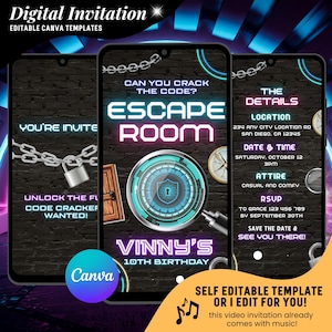 Può includere: Modello di invito digitale per una festa di compleanno a tema escape room. Il design presenta uno smartphone che mostra i dettagli dell'evento, tra cui luogo, data, ora e informazioni RSVP. L'invito include il testo "Escape Room" e "Vinny's 10th Birthday".