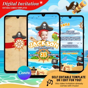 Invitación de video de cumpleaños pirata, invitación de video digital animada de cumpleaños de piratas marinos, cumpleaños infantil con temática pirata de Evite, plantilla de Canva