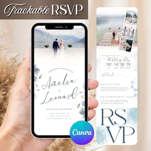 Wedding Website Invitation Template, Trackable RSVP Online Registry Form Invites, Blue Minimalist Digital Wedding with Embedded RSVP Invites