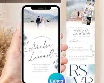 May include: A smartphone displaying a wedding invitation with the names Amelia and Leonard. The invitation includes a scenic photo, date, time, and RSVP details. The design features blue floral accents and the Canva logo.