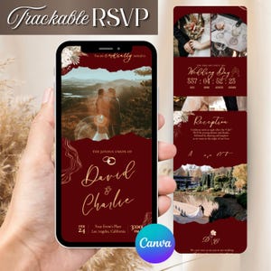 Peut inclure: Un smartphone affiche une invitation de mariage avec le texte "Trackable RSVP". L'invitation présente une photo d'un couple, des accents dorés et des détails comme la date, l'heure et le lieu. Le design est bordeaux avec du texte doré.