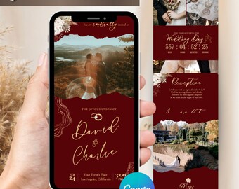 Invitación web para boda con vino tinto: RSVP con seguimiento (plantilla de Canva)