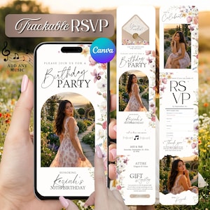 Op de afbeelding: Een digitale verjaardagsuitnodiging op een smartphone, met een foto van een vrouw in een bloemenjurk. De uitnodiging bevat de tekst "Trackable RSVP", "Birthday Party" en "Keziah's 30th Birthday". Bloemenaccenten omlijsten het ontwerp.