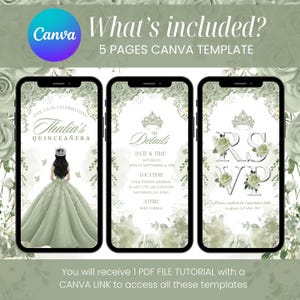 May include: Three smartphone screens displaying a quincea&ntilde;era invitation template. The design features a green and white floral theme with text that reads "Thalia's Quincea&ntilde;era", "Details", and "RSVP". The Canva logo is visible in the top left corner.