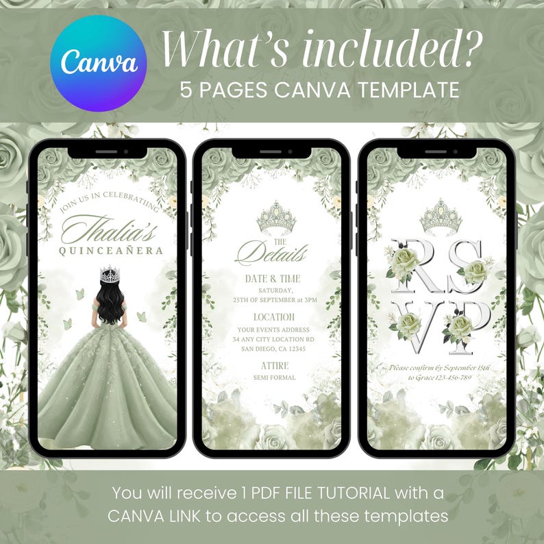 May include: Three smartphone screens displaying a quincea&ntilde;era invitation template. The design features a green and white floral theme with text that reads "Thalia's Quincea&ntilde;era", "Details", and "RSVP". The Canva logo is visible in the top left corner.
