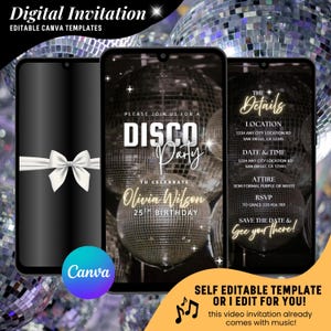 Black Elegant Disco Birthday Party Invitation, Silver Birthday Disco Ball Theme Bday Party Invites, Digital Animated Video Invitation