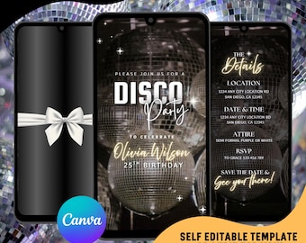 Invitación elegante negra para fiesta de cumpleaños con temática de discoteca, invitaciones plateadas para fiesta de cumpleaños con temática de bola de discoteca, invitación digital con vídeo animado
