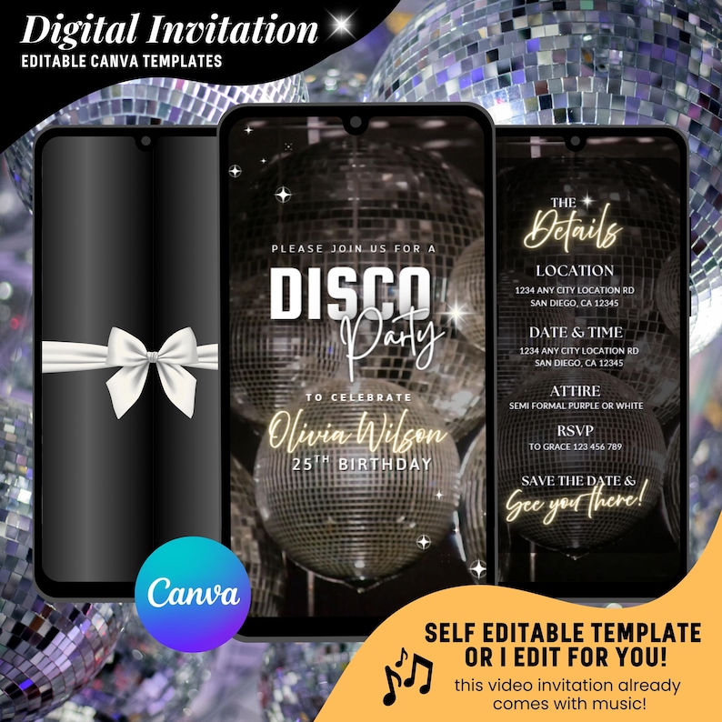 Op de afbeelding: Een digitale uitnodigingstemplate voor een discofeest. De template heeft een zwarte achtergrond met zilveren glitter en een discobal. De tekst "Disco Party" is geschreven in gouden letters. De uitnodiging bevat details zoals de locatie, datum, tijd, kleding en RSVP-informatie. De tekst "Save the Date & See you there!" is geschreven in gouden letters.