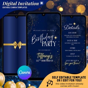 Könnte beinhalten: Digitale Einladungsvorlage auf einem Smartphone-Bildschirm. Das Design hat einen marineblauen Hintergrund mit goldenen Akzenten und Text, der "Birthday Party" und "Tiffany's 35th Birthday" lautet. Enthält Eventdetails wie Datum, Uhrzeit und RSVP.