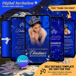 Quinceañon Videoeinladung, Royalblau Sweet 15 Animierte Einladung, Mis Quince Anos Geburtstag Digitale Einladung, Eleganter 15. Geburtstag EVite