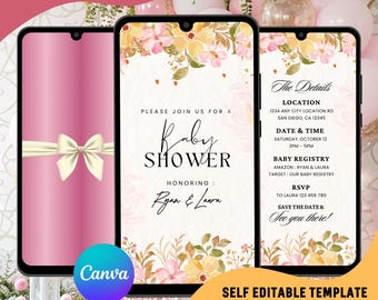 Floral Baby Shower Video Invitation: Pink & Yellow Animated Evite (Canva Template)