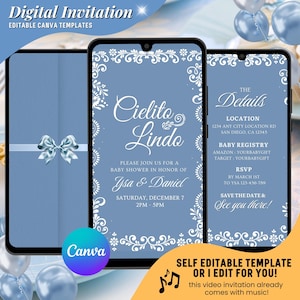 Könnte beinhalten: Digitale Babyparty-Einladungsvorlage auf einem Smartphone-Bildschirm. Die Einladung hat einen hellblauen Hintergrund mit weißen floralen Akzenten und dem Text "Cielito Lindo". Enthält Details zur Veranstaltung, Datum, Uhrzeit und RSVP-Informationen.