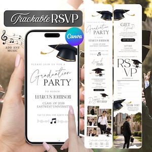 May include: A smartphone displays a graduation party invitation with the text "Graduation Party" and details for Marcus Johnson, Class of 2026, Eastwest University. Additional panels include RSVP information and a "Gift the Grad" section.