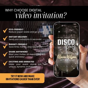 Op de afbeelding: Een smartphone-scherm met een digitale uitnodiging voor een discofeest ter ere van de 25e verjaardag van Olivia Wilson. De uitnodiging bevat een discobal en de tekst "Kom gezellig mee naar een discofeest ter ere van de 25e verjaardag van Olivia Wilson".