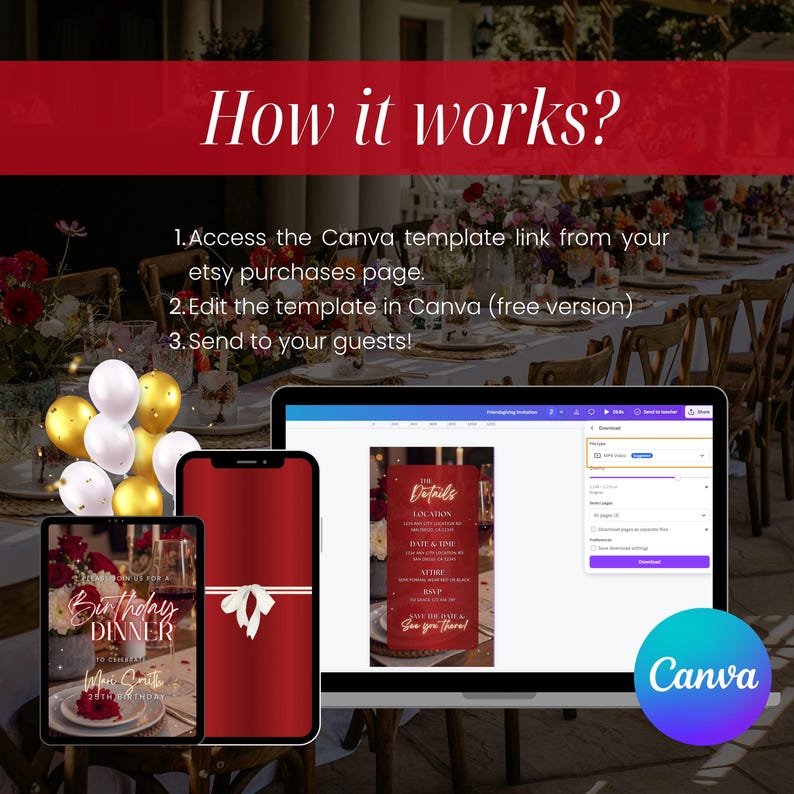 May include: A digital invitation design displayed on a tablet, phone, and laptop. The invitation features a red and gold color scheme with the text "Birthday Dinner." The image also includes the Canva logo and instructions.