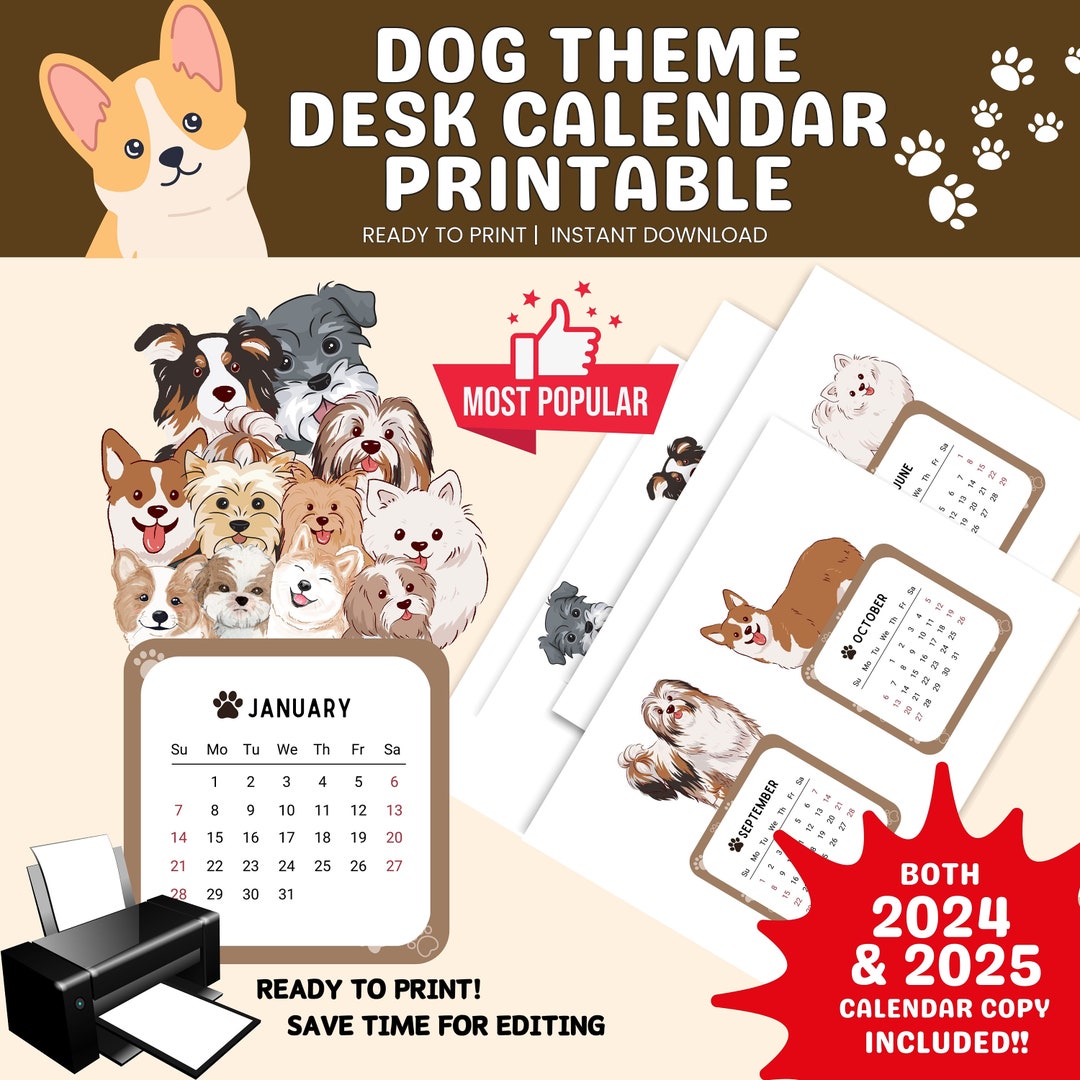 2024 Hund Tischkalender druckbar, 2024 Kalender, Minikalender, druckbar