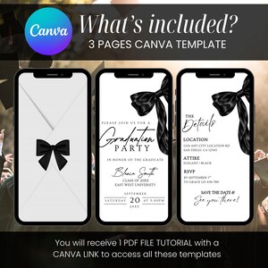May include: Three smartphone screens displaying graduation party invitation templates. The templates feature a black bow design and text that reads "Graduation Party" and "Save the Date". The Canva logo is visible.