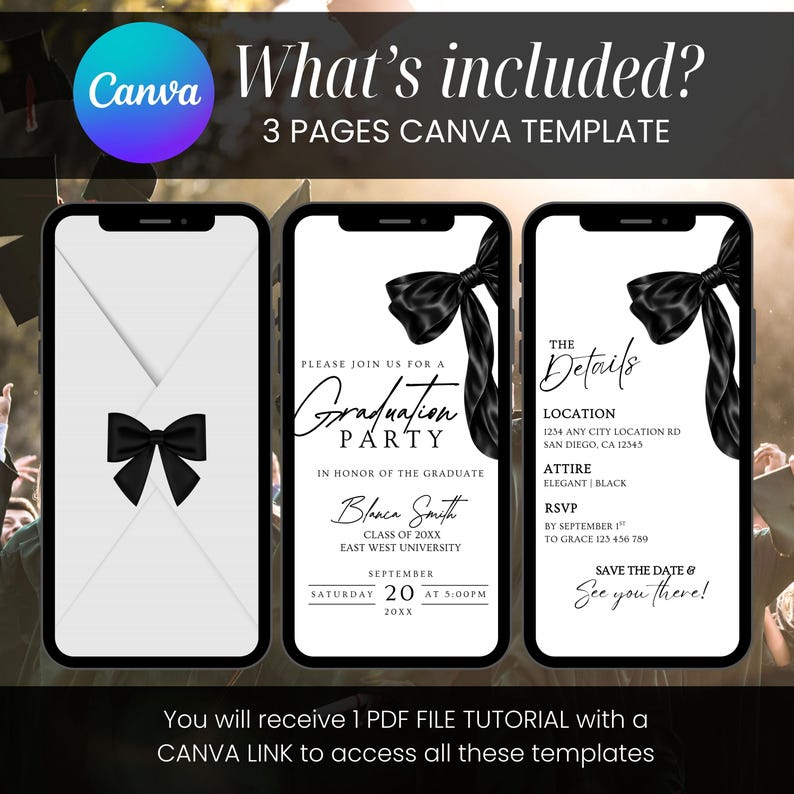 May include: Three smartphone screens displaying graduation party invitation templates. The templates feature a black bow design and text that reads "Graduation Party" and "Save the Date". The Canva logo is visible.