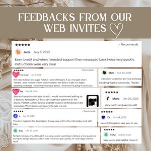May include: A collection of customer reviews for web invitations displayed on a white background. The text reads FEEDBACKS FROM OUR WEB INVITES followed by multiple five-star ratings and written testimonials from users like Jade, Kay, and Maria.