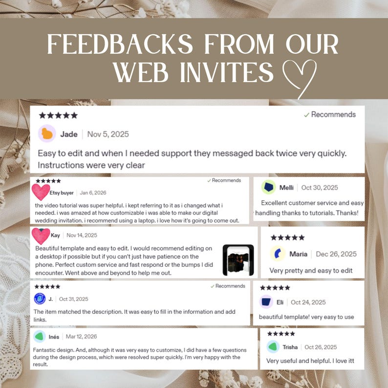 May include: A collection of customer reviews for web invitations displayed on a white background. The text reads FEEDBACKS FROM OUR WEB INVITES followed by multiple five-star ratings and written testimonials from users like Jade, Kay, and Maria.