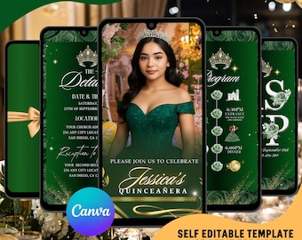Video Invitación de Quinceañera Verde Esmeralda, Dulces 15 Florales (Digital)