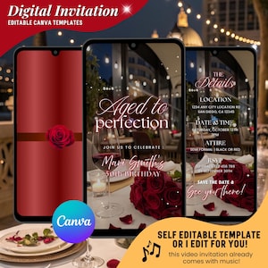 May include: Digital invitation template for a 50th birthday, featuring a red rose design and event details. The invitation includes the text "Aged to perfection" and "Mari Smith's 50th Birthday". The template is self-editable.