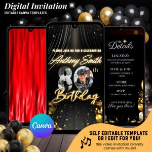 80th Birthday Invitation, Black and Gold 80th Birthday Party Animated Invitation, Dinner Party Evite, Editable Elegant Digital Video Invite