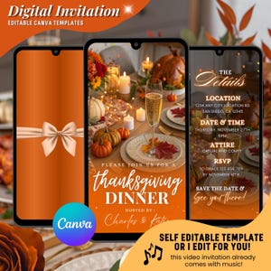 May include: Digital invitation template for a Thanksgiving dinner, displayed on three smartphones. The design features an orange background, a bow, and a festive table setting with pumpkins and a roasted turkey. Text includes event details.
