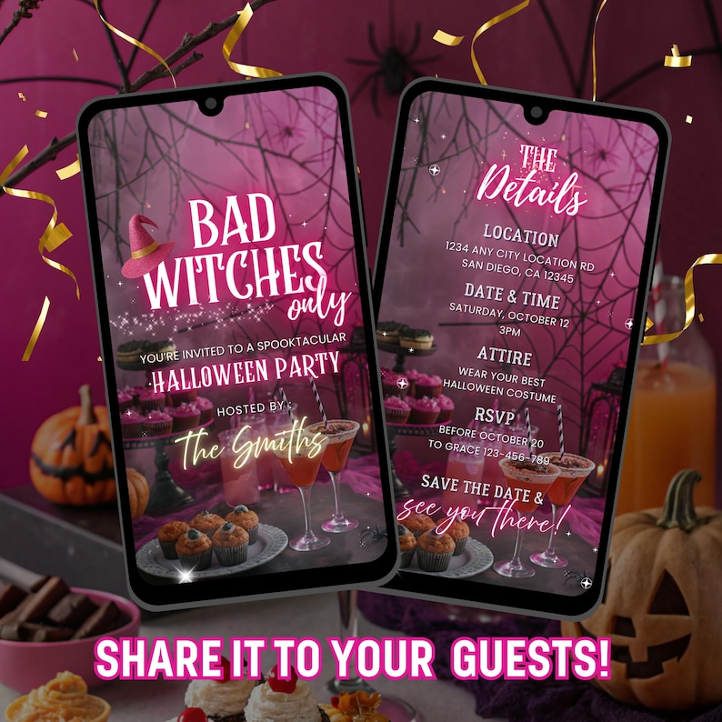 May include: Two smartphones displaying Halloween party invitations. The left phone reads "Bad Witches Only" and the right phone shows party details. The invitations feature a pink and black color scheme with Halloween-themed graphics and text.
