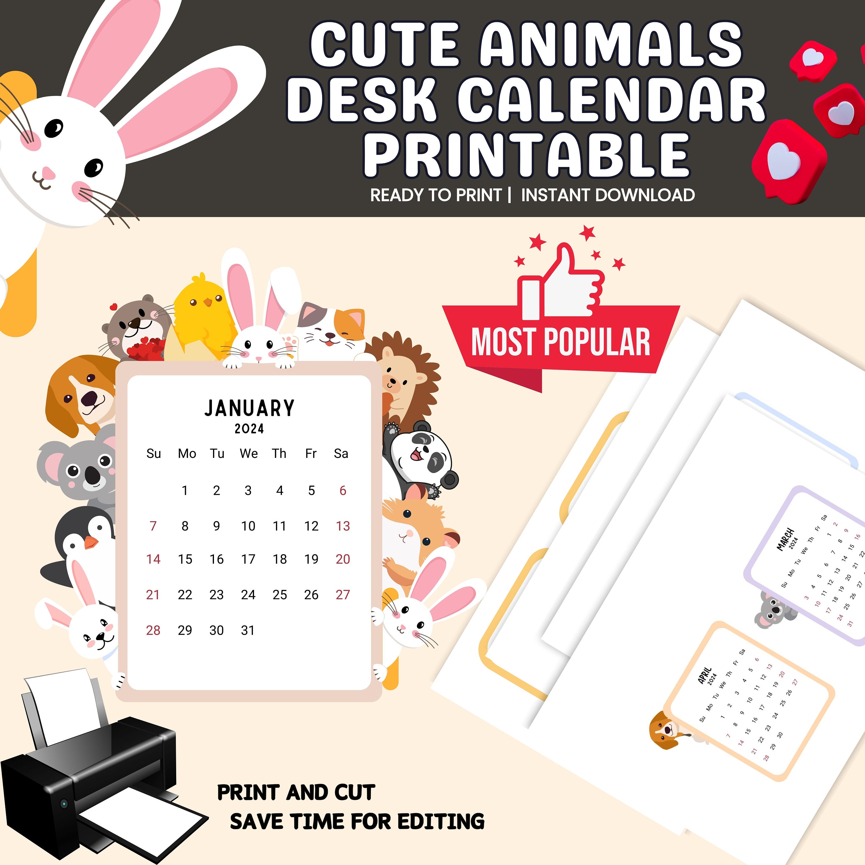 2024 Cute Animals Calendar Printable, Pet Calendar, Mini Calendar, Dog