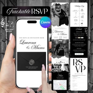 May include: A digital wedding invitation template displayed on a smartphone screen, featuring black and white photography of a couple, elegant typography, a wax-sealed envelope graphic, and sections for event details, registry, and a trackable RSVP form.