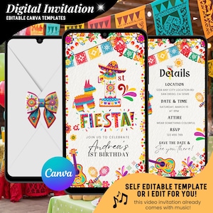 Puede incluir: Plantilla de invitación digital para una fiesta de primer cumpleaños. El diseño presenta ilustraciones coloridas de una piñata, un sombrero y una guitarra. La invitación incluye los detalles del evento y el texto "1er Cumpleaños de Andrea".