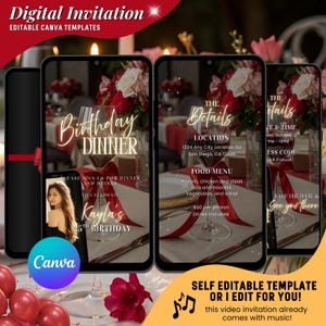 May include: Digital invitation template for a birthday dinner, featuring a smartphone design with event details. The design includes floral arrangements, text, and the Canva logo. The invitation is for Kayla's 25th birthday.