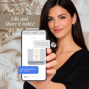 May include: A smartphone screen displaying a text message conversation with the text Edit and Share it today! The message interface shows a wedding invitation preview with the text You are cordially invited! and a reply saying Of course! Just signed the RSVP.