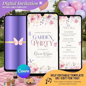 Convite em vídeo para festa de aniversário no jardim, convites animados para chá da tarde ao ar livre, convites fofos com flores em tons pastéis, convites com flores