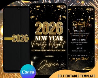 May include: Digital invitation template for a New Year's Eve party in 2026. The design features gold text and accents on a black background, with the event details displayed on a smartphone screen. Includes the text "Digital Invitation" and "Editable Canva Templates".